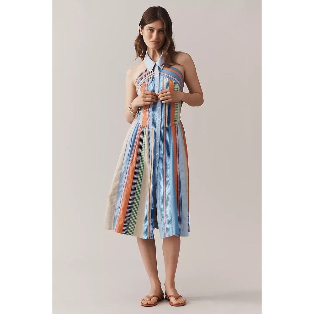 By Anthropologie Maeve Collared Halter Shirt Dress Striped Printed XS 286169